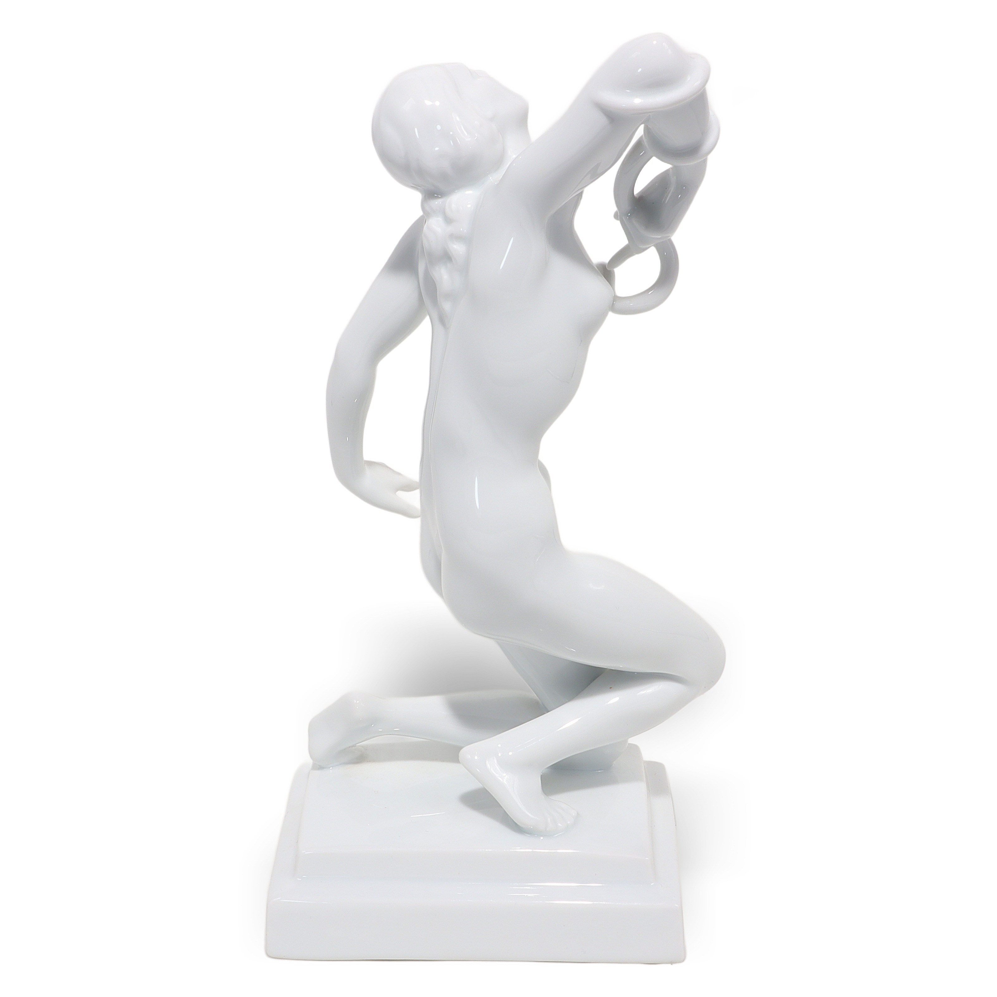 Herend Cleopatra art deco white porcelain statue detailed side view, elegant collectible figurine on base