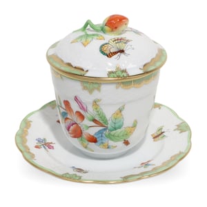 Herend Queen Victoria porcelain jam jar with lid and saucer, hand-painted floral and butterfly design, close up