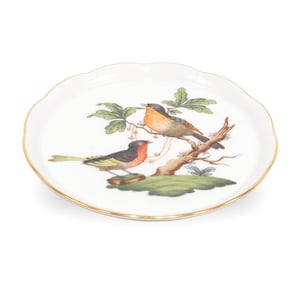 Herend Rothschild trinket tray with hand-painted bird design and gold rim, luxury porcelain decorative plate
