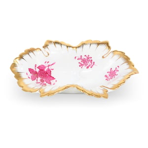 Luxury jewelry tray, porcelain leaf-shaped dish with gold rim and pink floral pattern, elegant decorative accessory