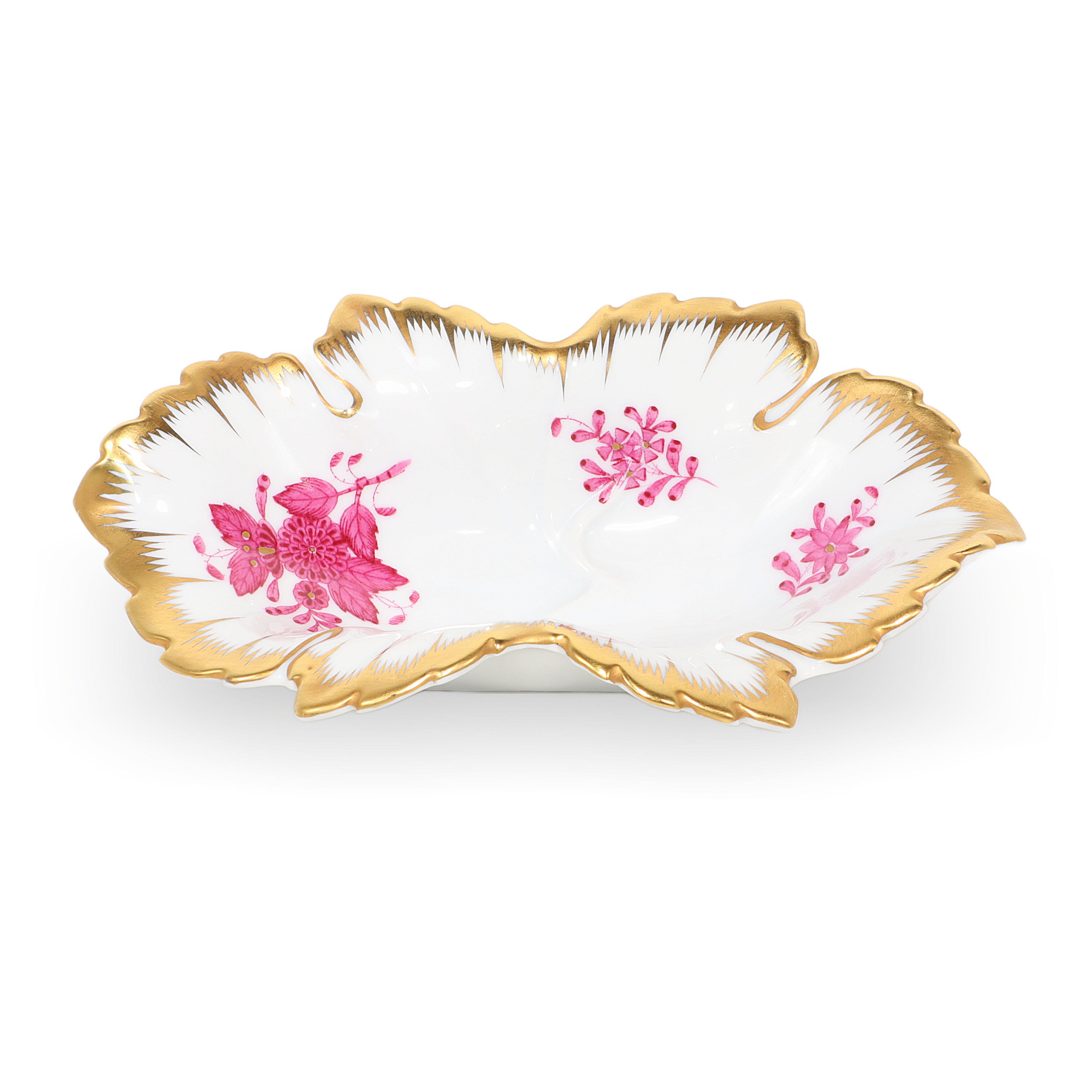 Luxury jewelry tray, porcelain leaf-shaped dish with gold rim and pink floral pattern, elegant decorative accessory