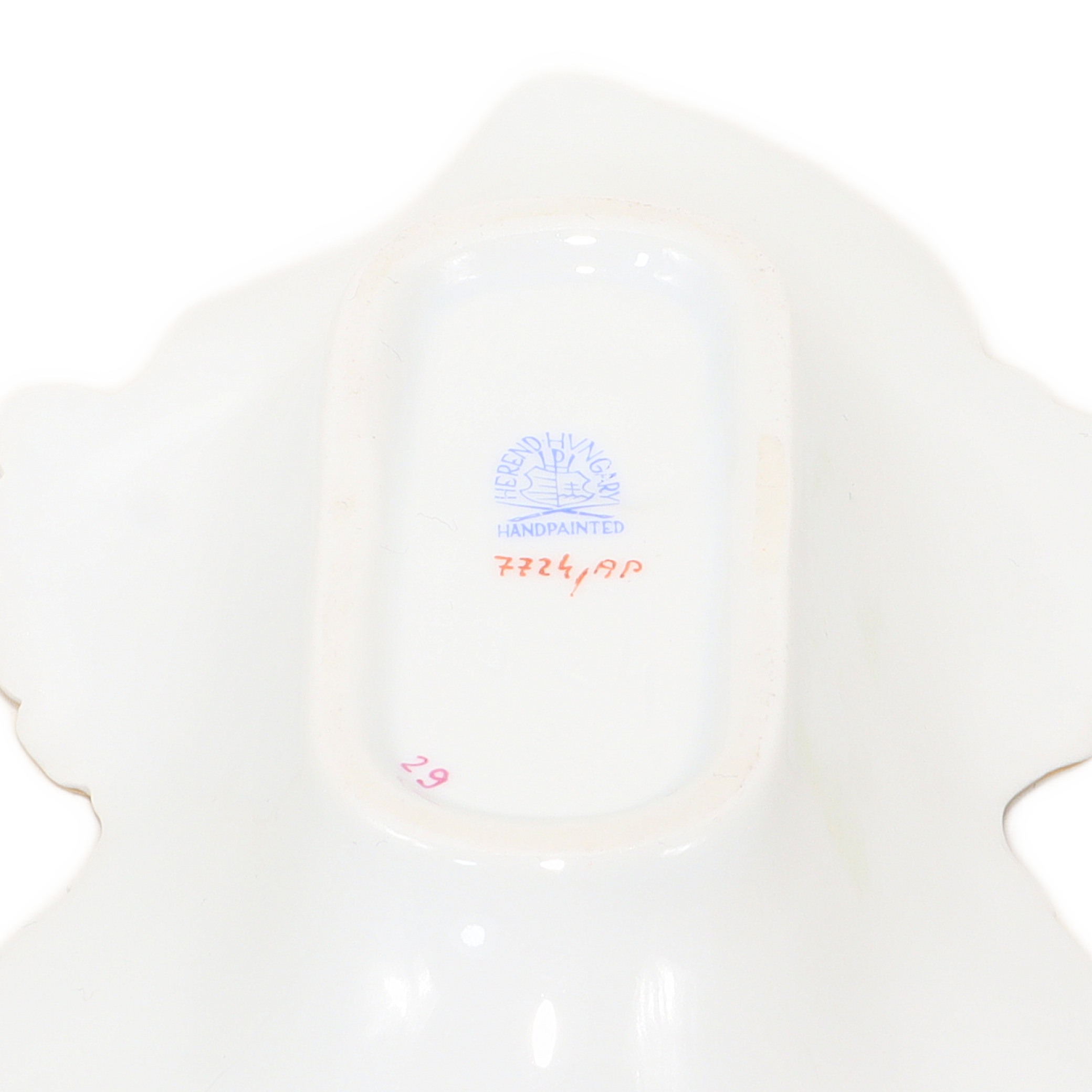 Herend luxury jewelry tray base close up, handpainted porcelain with maker's mark and serial number