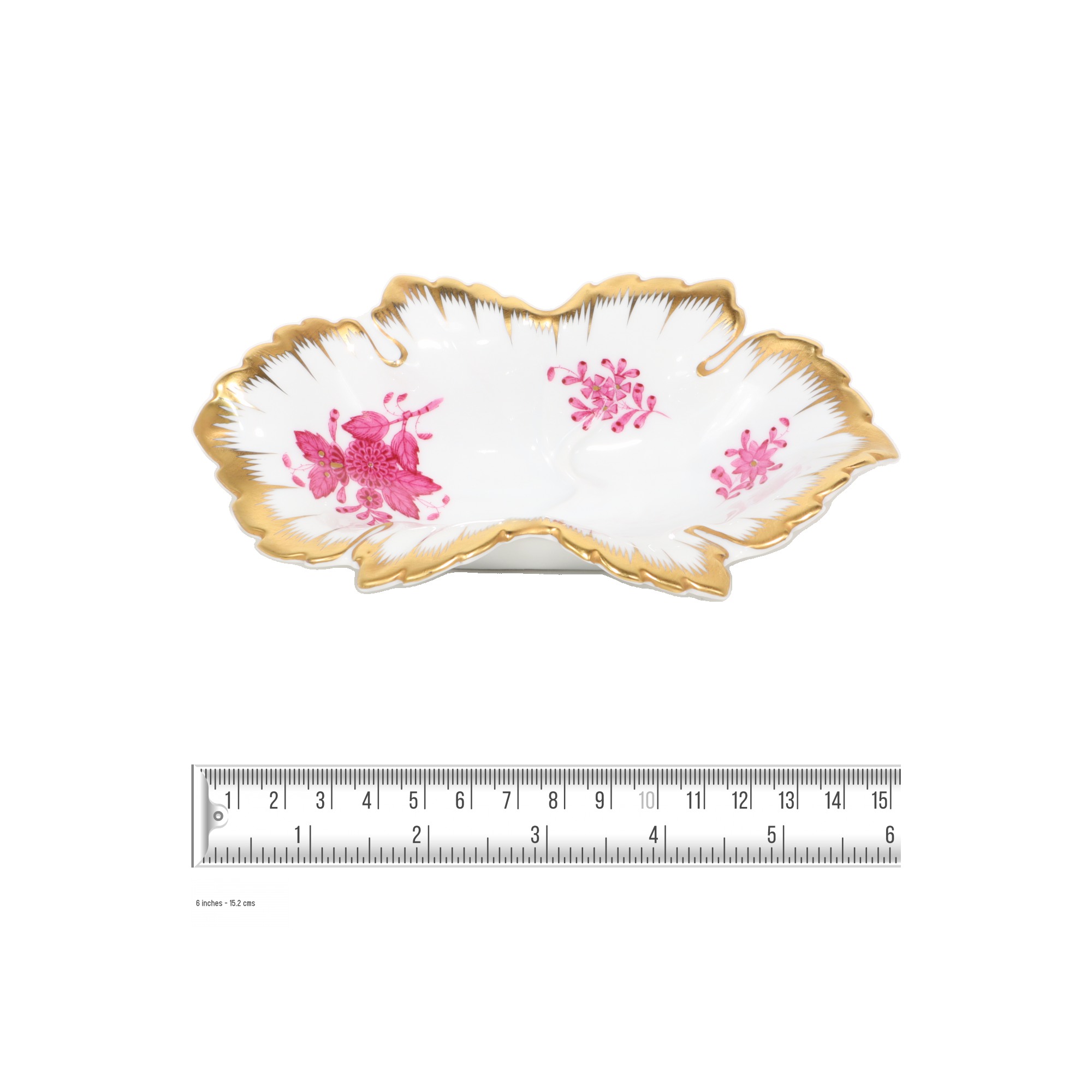 Porcelain jewelry tray gold trim pink floral pattern luxury accessory holder with ruler for size reference