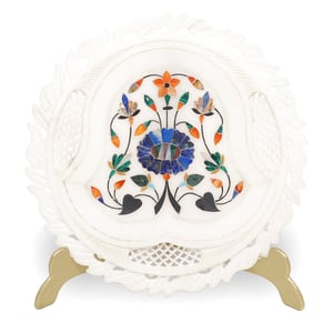 Marble inlay floral plate with pietra dura art, handcrafted decorative round plate with intricate floral patterns