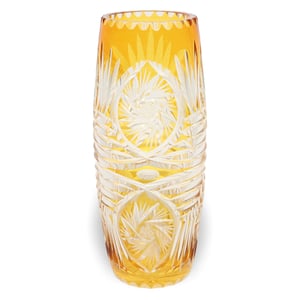 Bohemian amber cut crystal vase with intricate starburst pattern, vintage decorative glassware