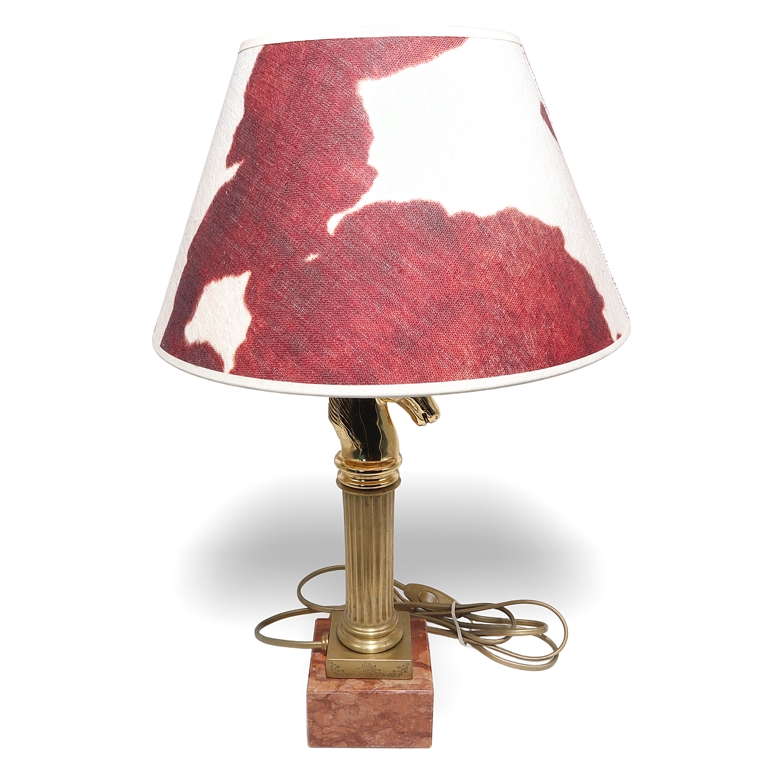Bronze horse head lamp with red and white cowhide lampshade, vintage table lighting decor