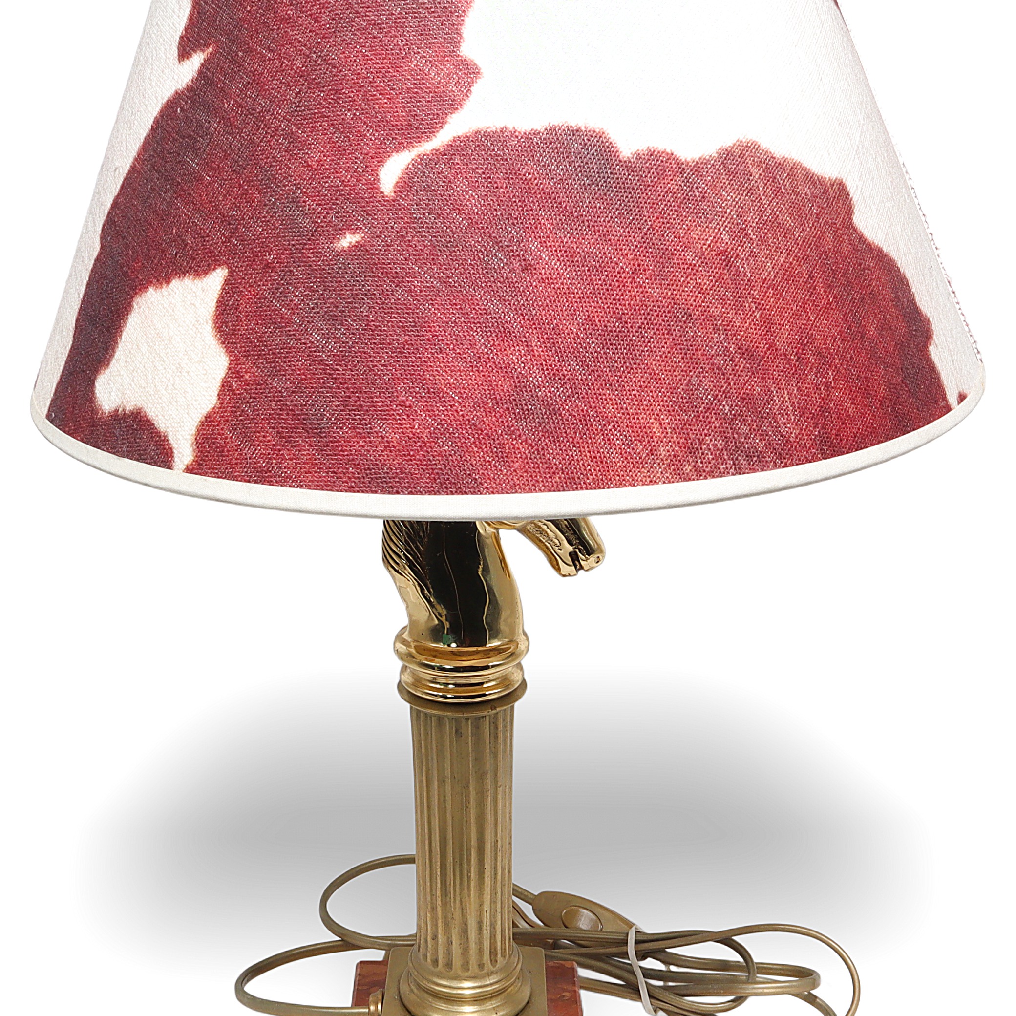 Bronze horse head lamp base detailed view with red and white lampshade, vintage home decor