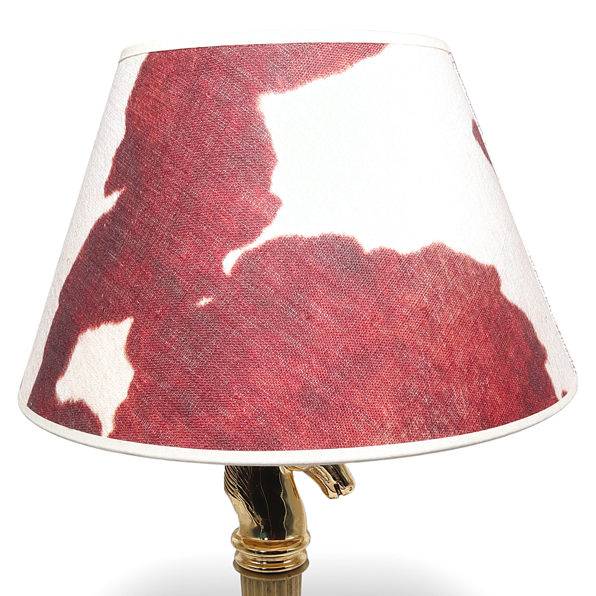 bronze horse lamp close up of lampshade with red and white pattern