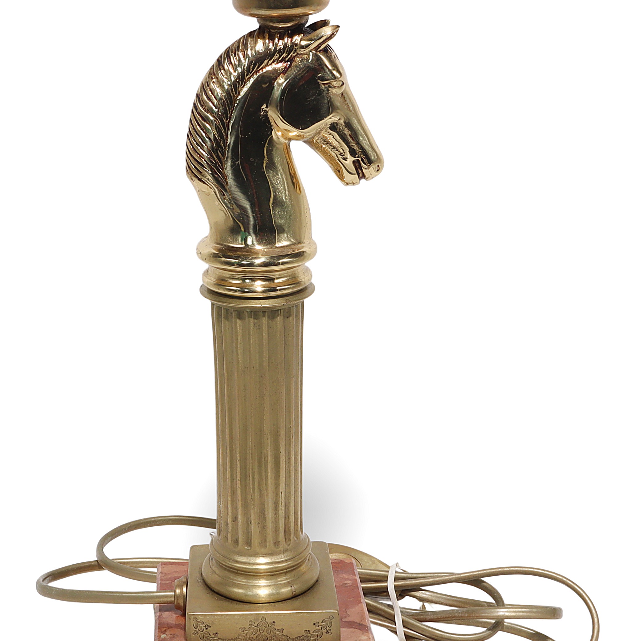 Bronze horse head lamp close up showing ornate column and base design