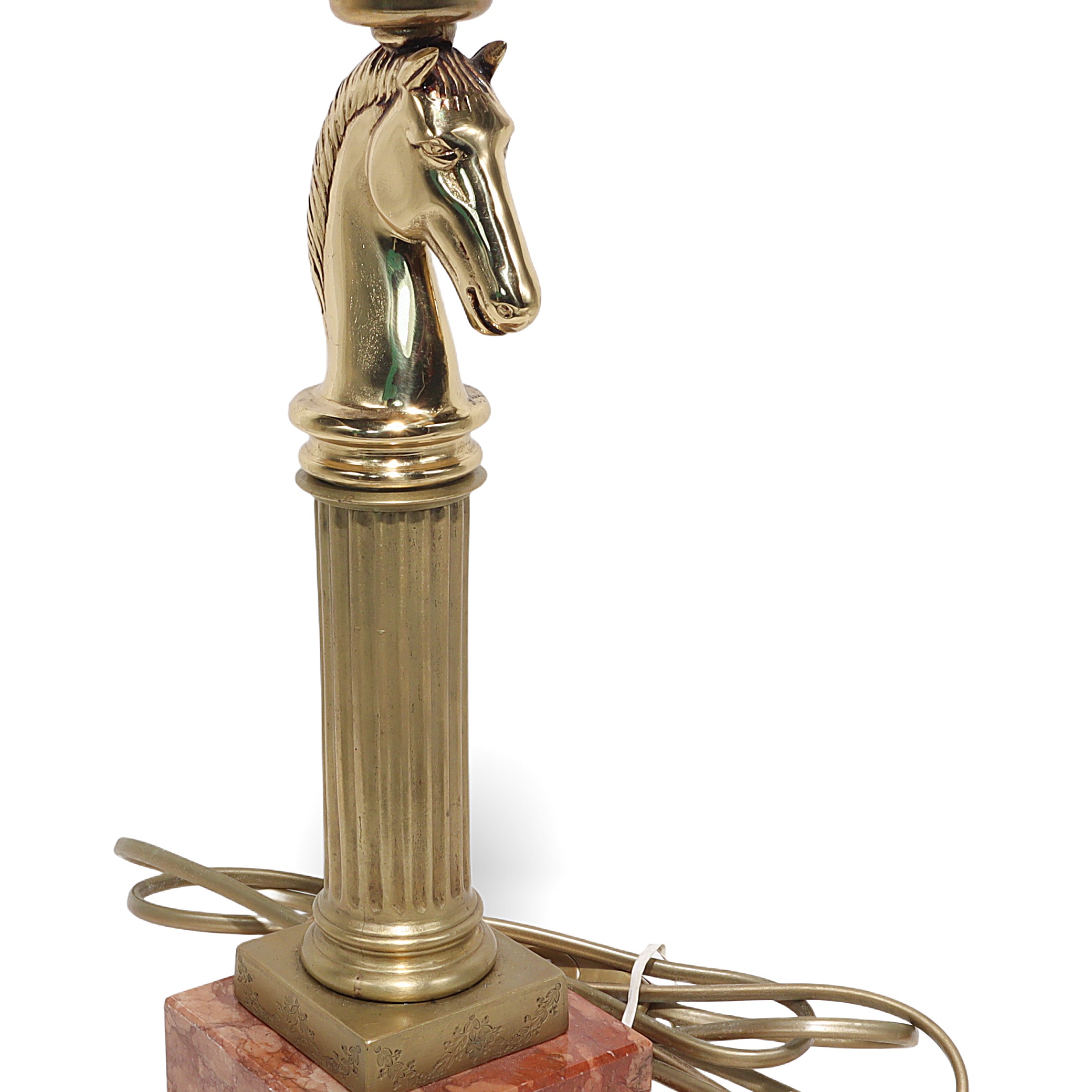 Bronze horse head lamp close up on marble base, vintage decorative lighting