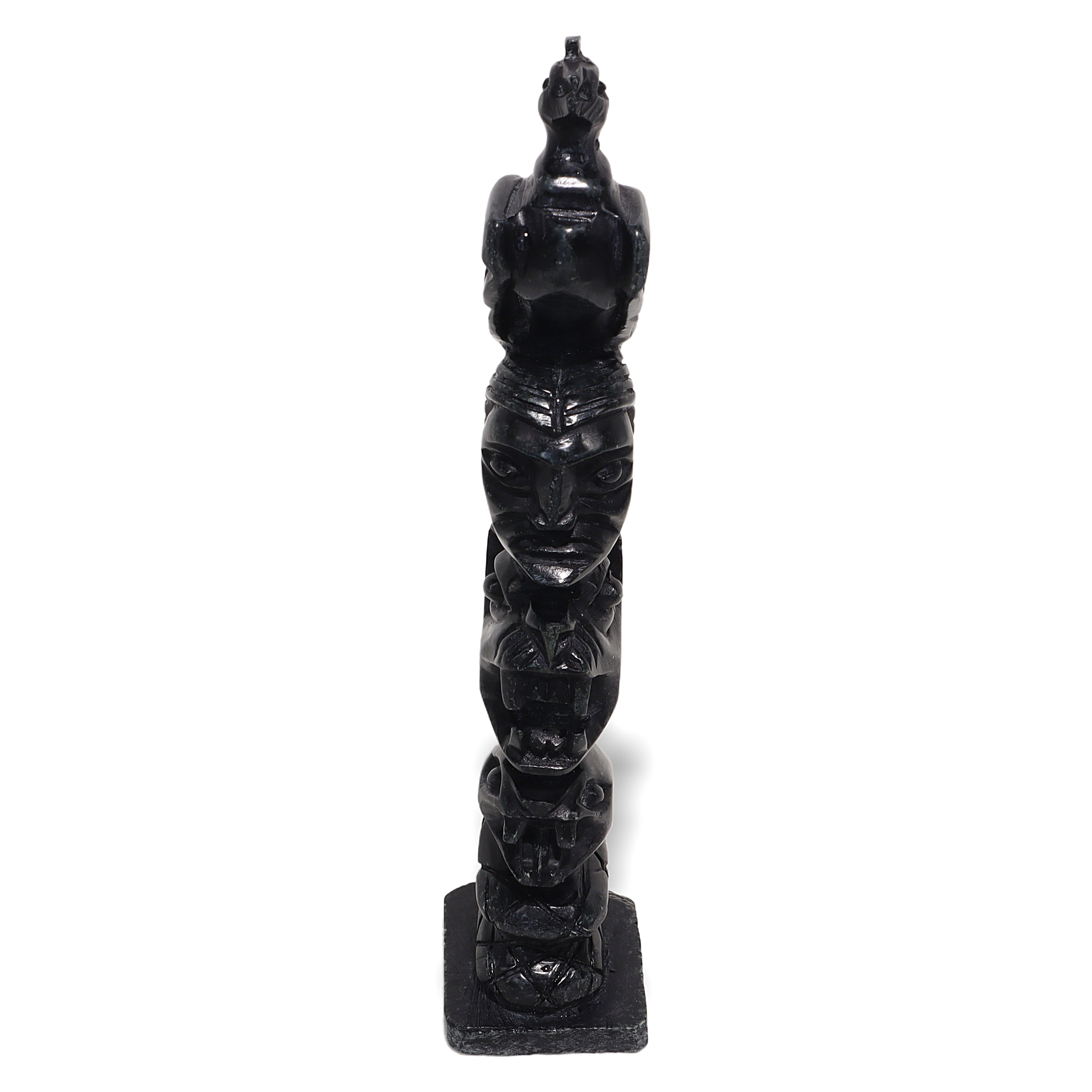 Stone totem pole sculpture, vintage carved tribal art, detailed front view