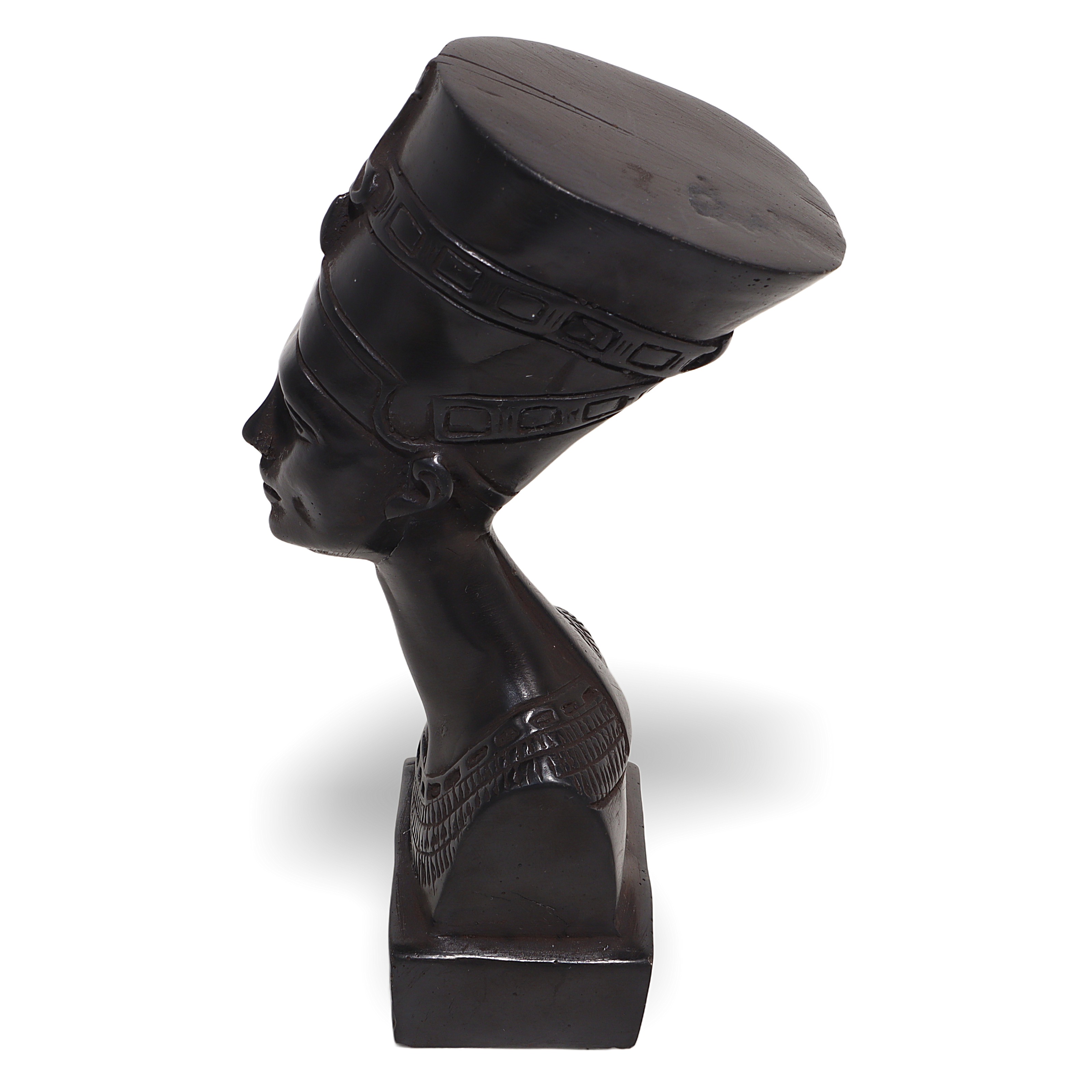 Nefertiti bust sculpture base close up, vintage Egyptian queen statue detailed side angle