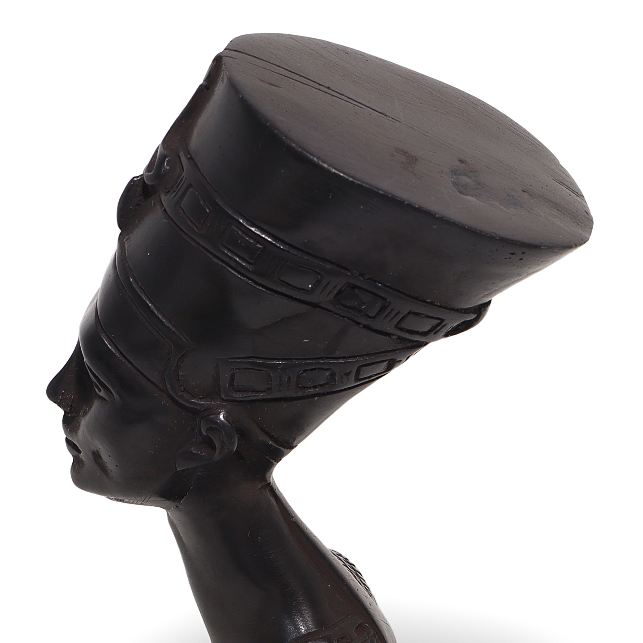 Nefertiti bust close up, vintage Egyptian queen sculpture, detailed side profile, antique decor