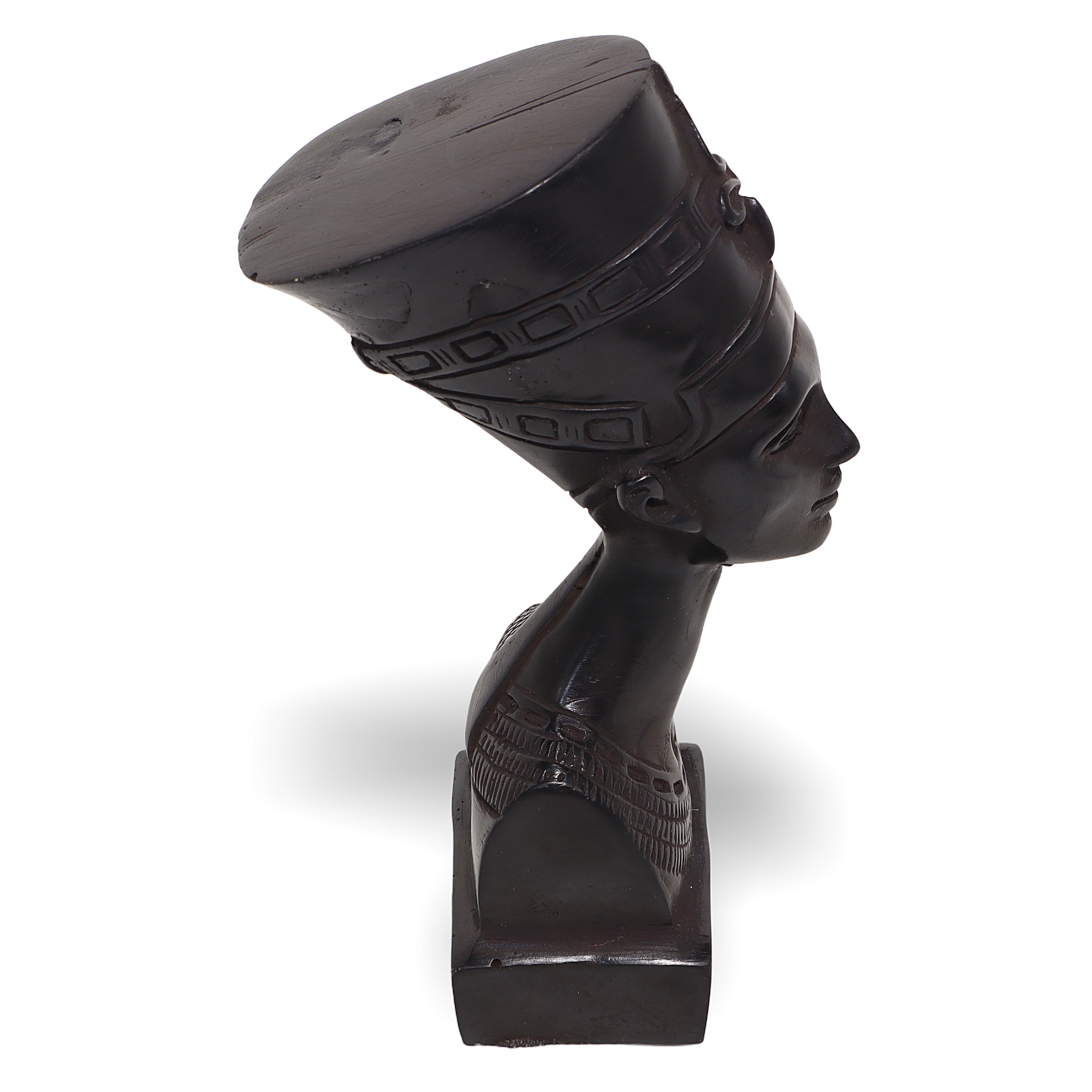 Nefertiti bust sculpture close up, vintage Egyptian queen statue detailed side profile, black resin art decor