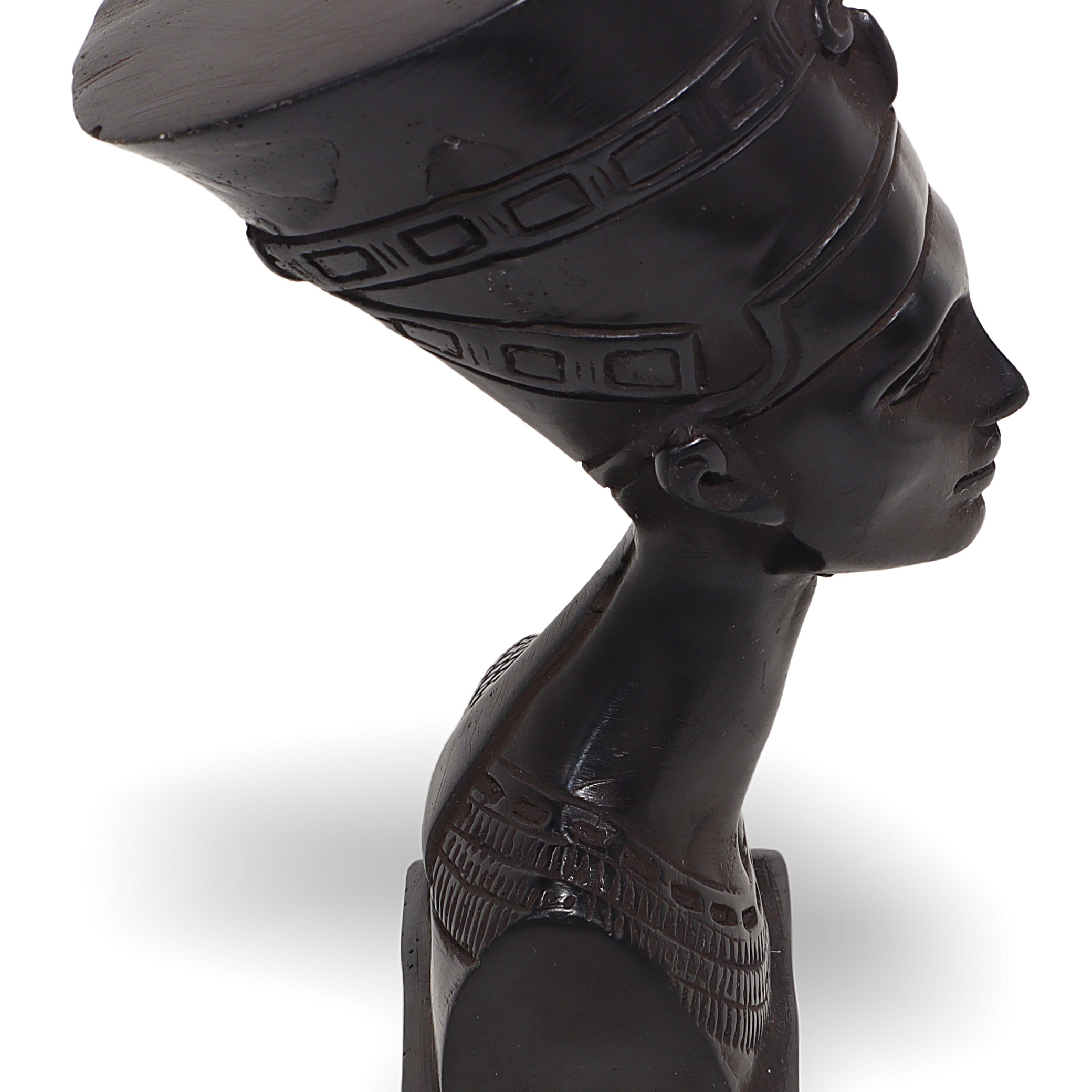 Nefertiti bust close up, vintage Egyptian queen sculpture, detailed side profile, antique decor