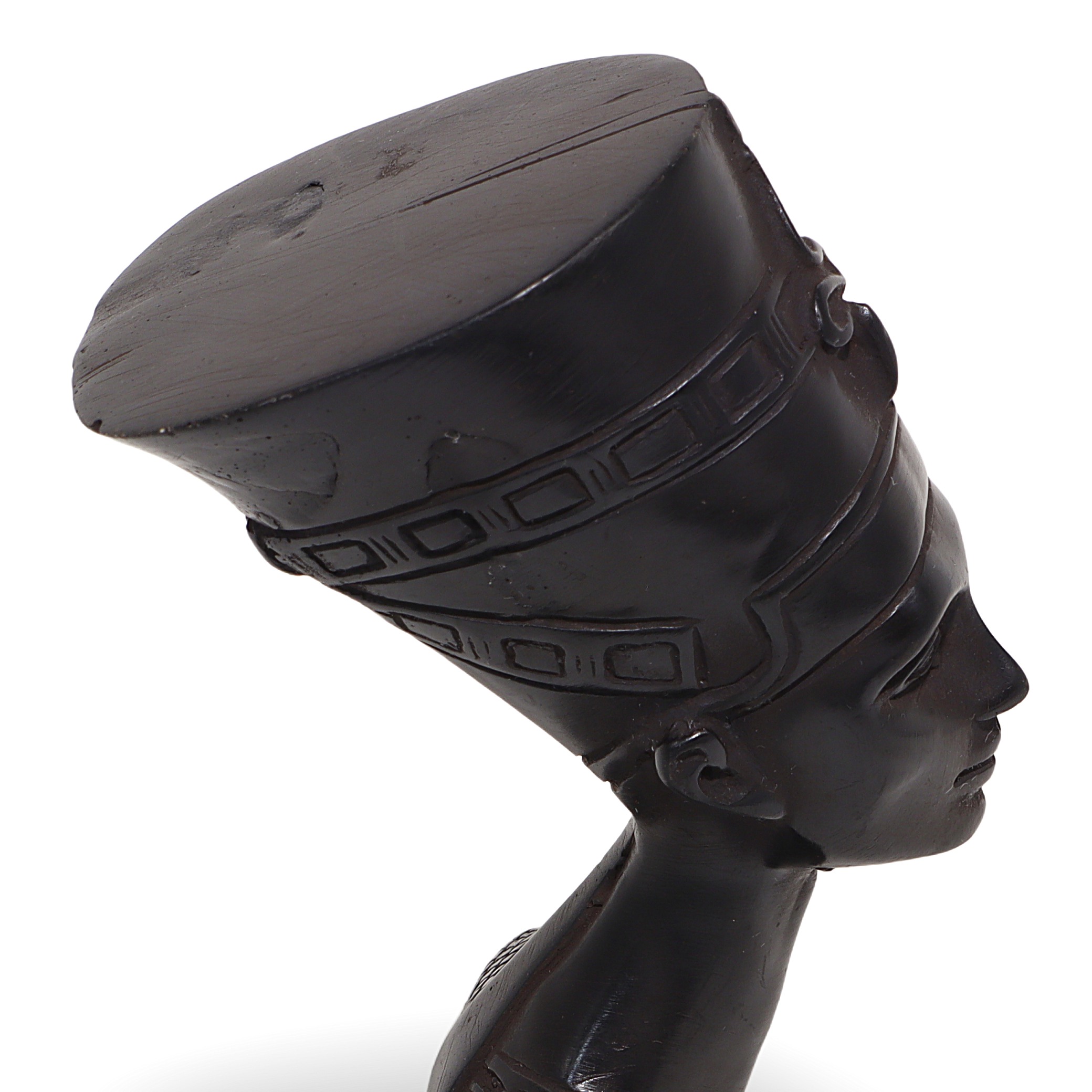Nefertiti bust sculpture base close up, vintage Egyptian queen statue detailed bottom view