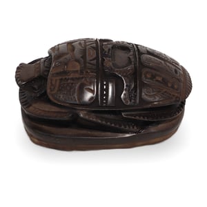 Scarab stone box detailed view, vintage Egyptian carved artifact with hieroglyphic design