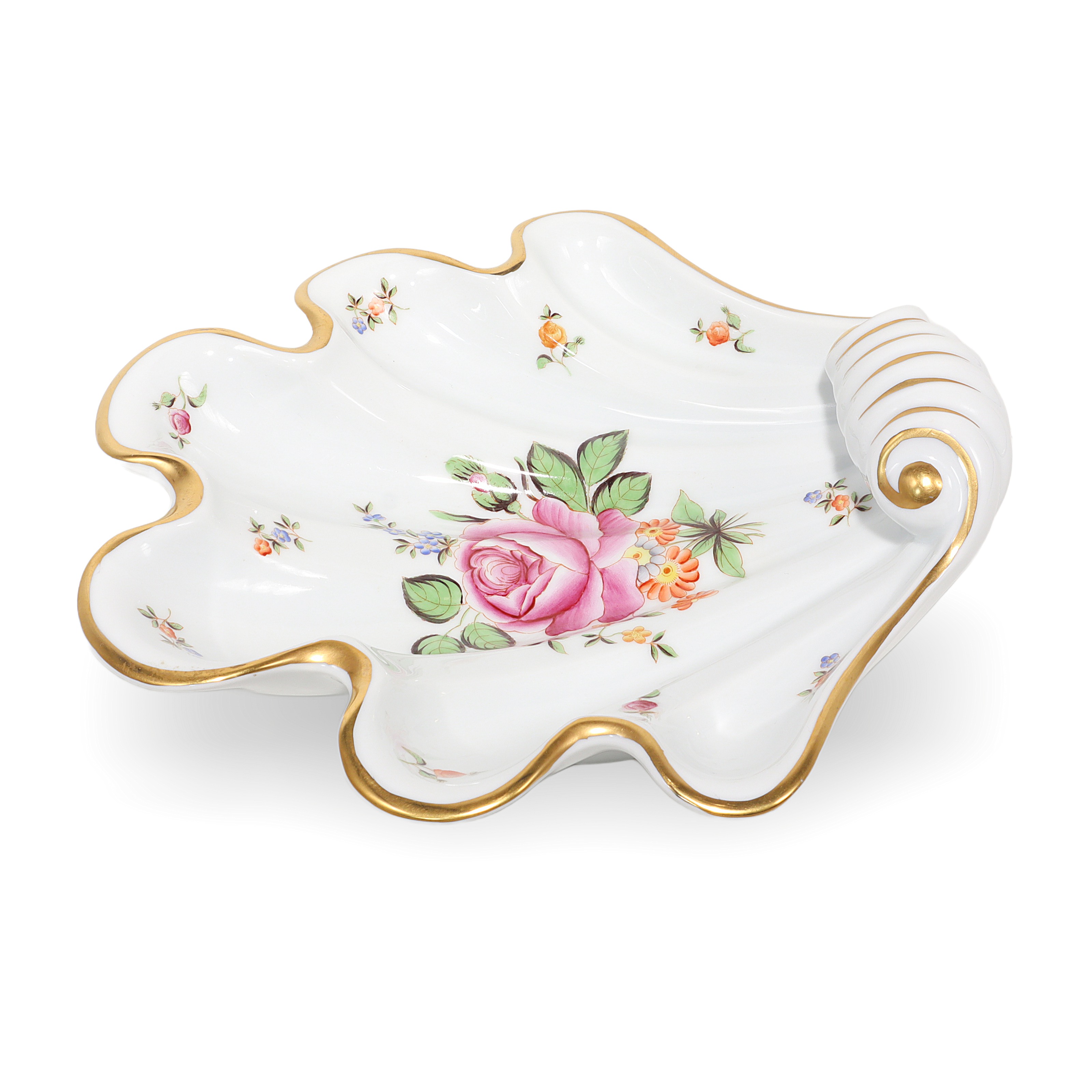 Herend shell porcelain dish with floral pattern and gold trim, vintage decorative collectible plate