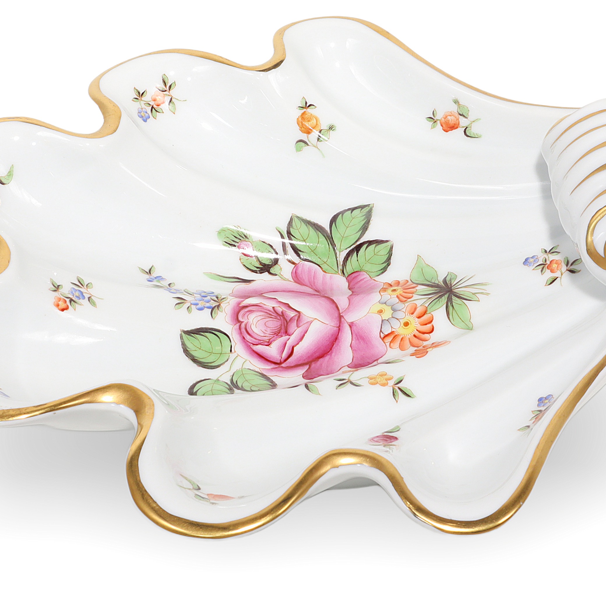 Herend shell porcelain dish close up with floral design and gold trim, vintage PBR pattern, detailed view