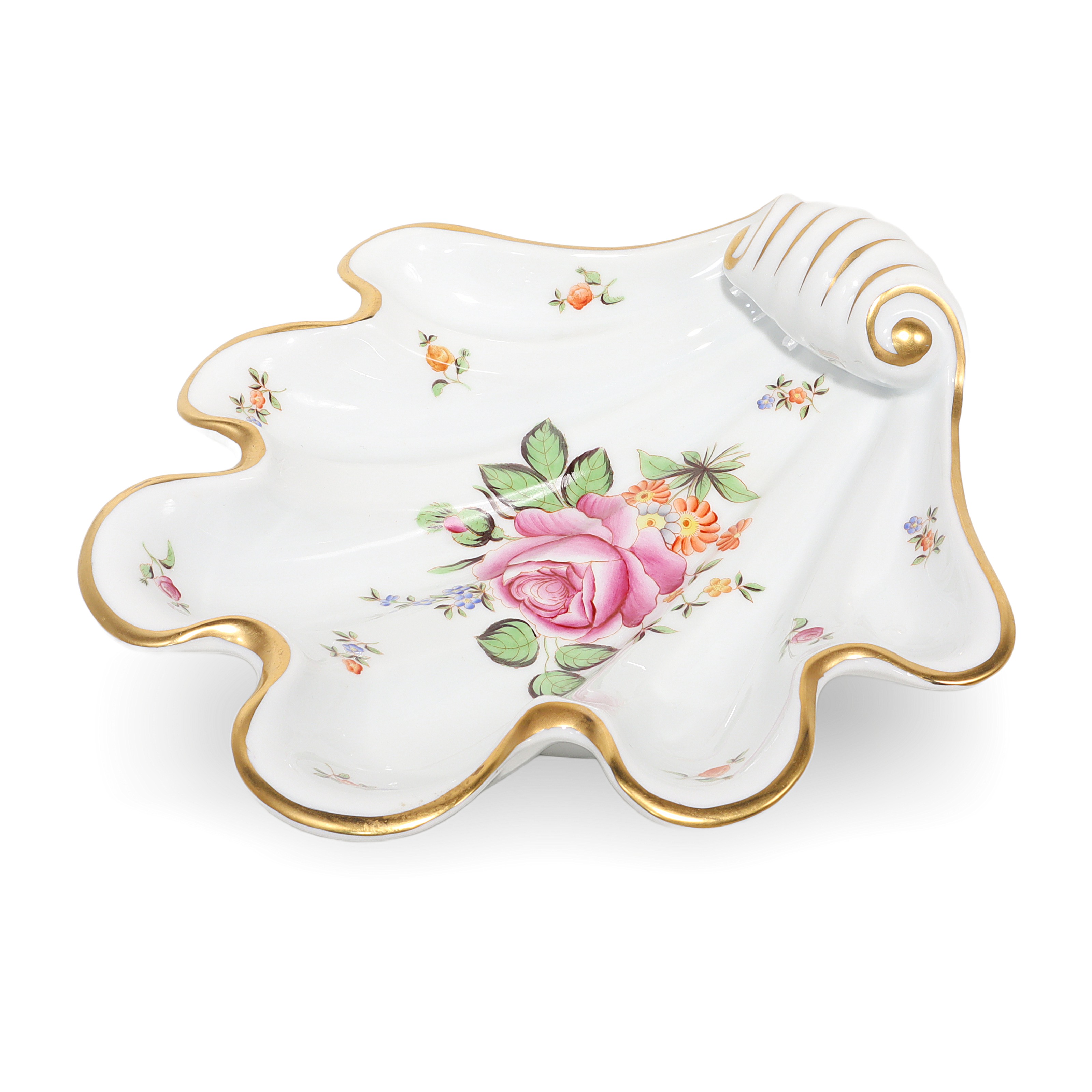 Herend shell porcelain dish floral gold trim PBR pattern vintage decorative plate detailed view