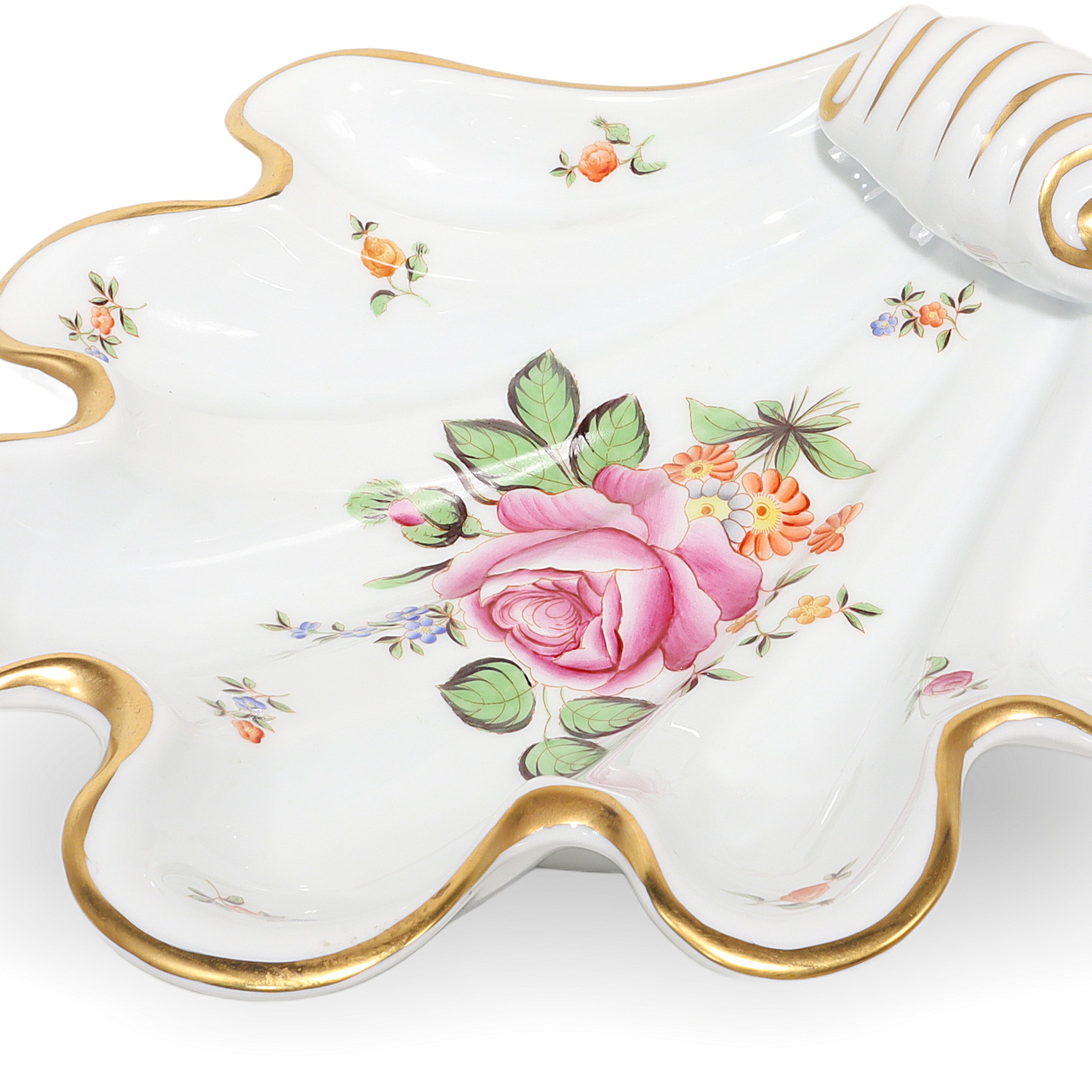Herend shell porcelain dish close up with floral design and gold trim, vintage PBR pattern decorative plate