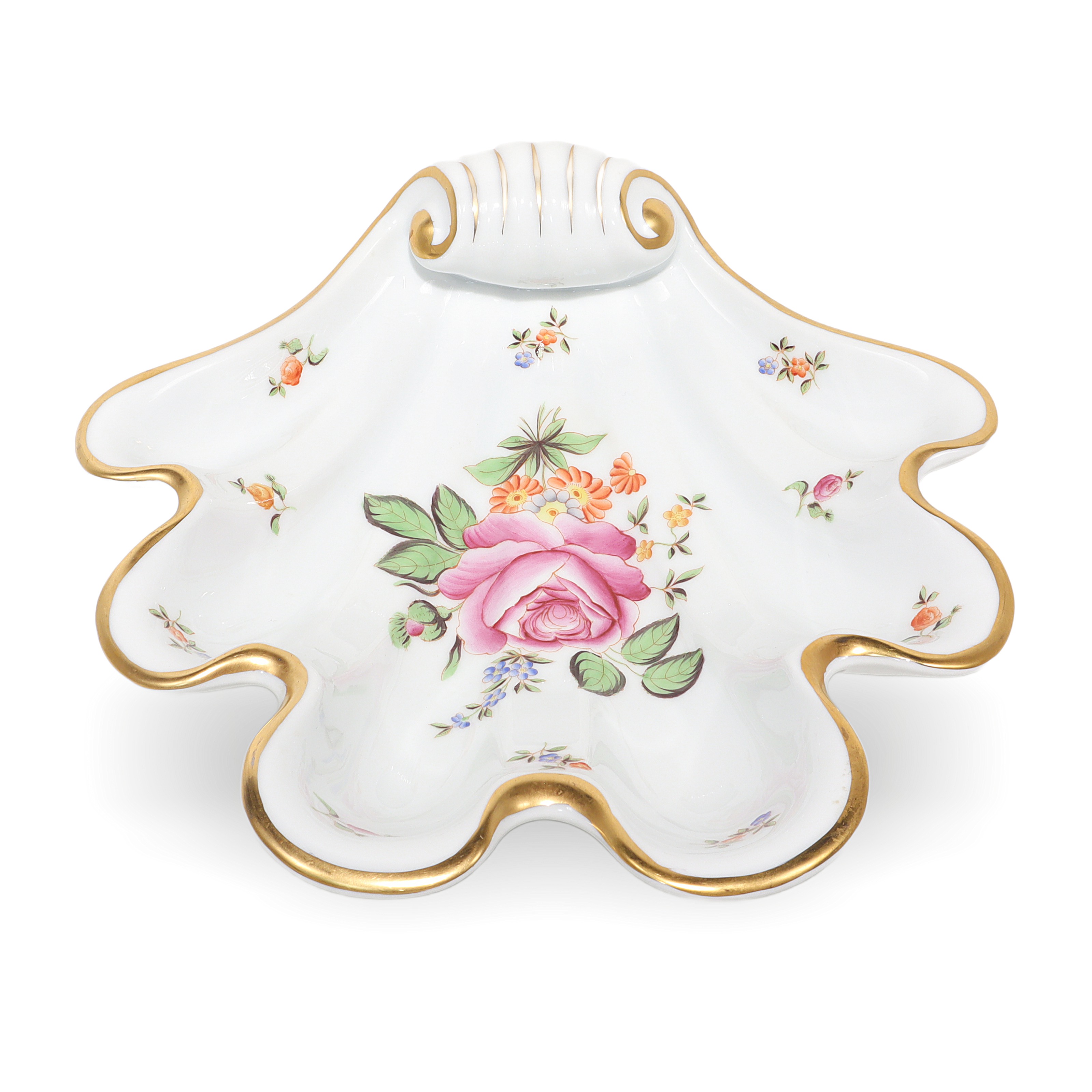Herend shell porcelain dish with floral design and gold trim, vintage PBR pattern, close up