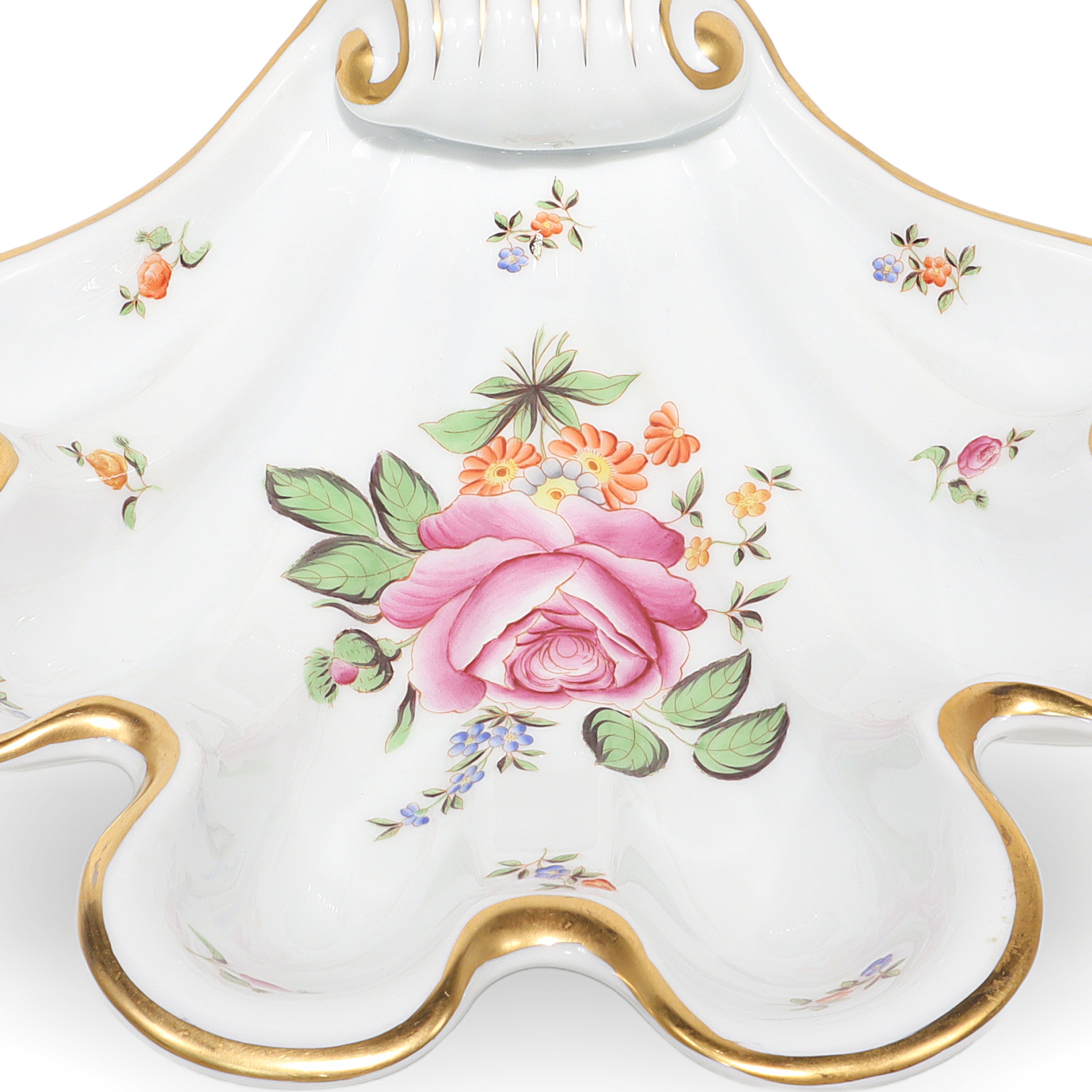 Herend porcelain shell dish close up, floral pattern with gold trim, vintage collectible detailed view