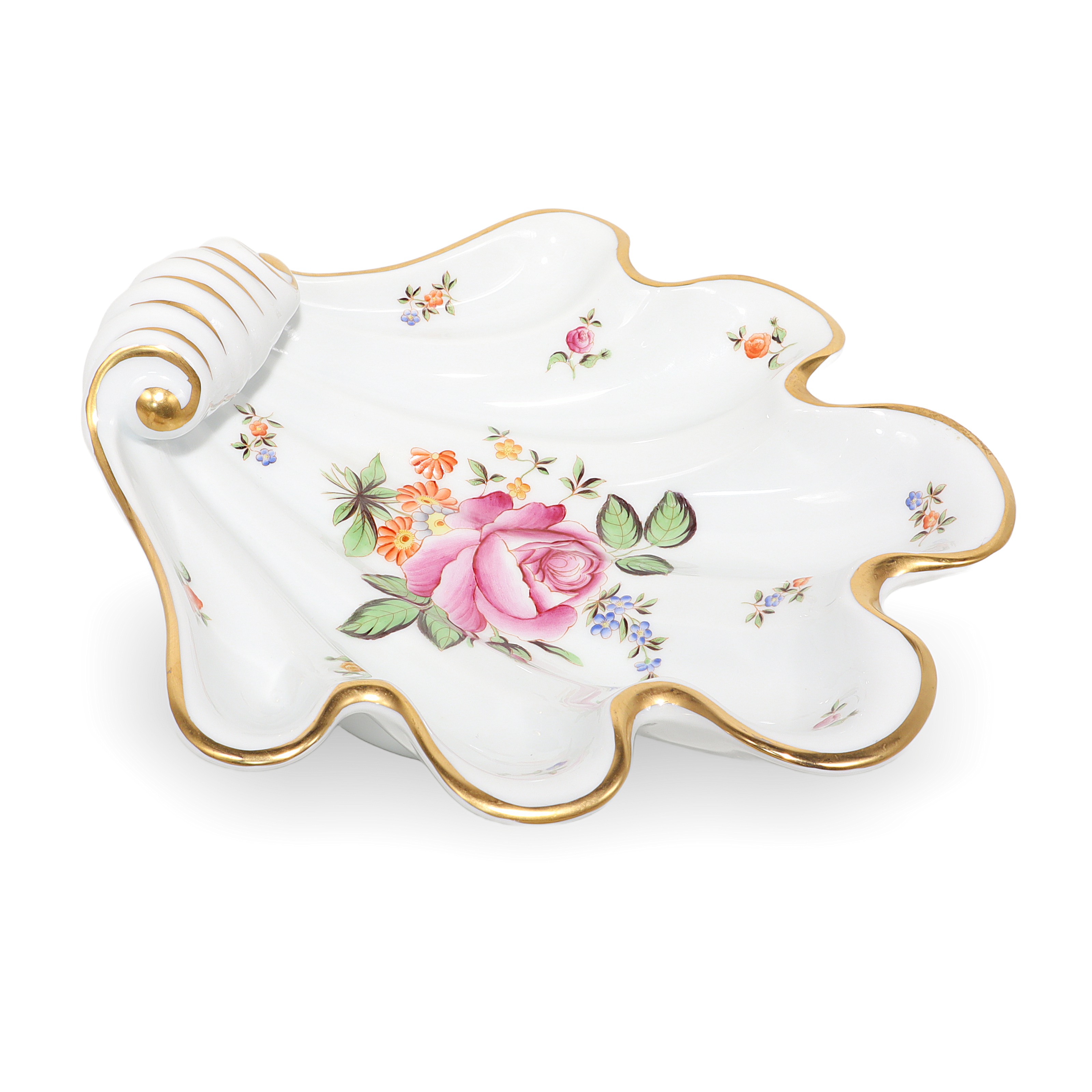 Herend shell porcelain dish with floral pattern and gold trim, vintage decorative collectible, PBR pattern, elegant tableware