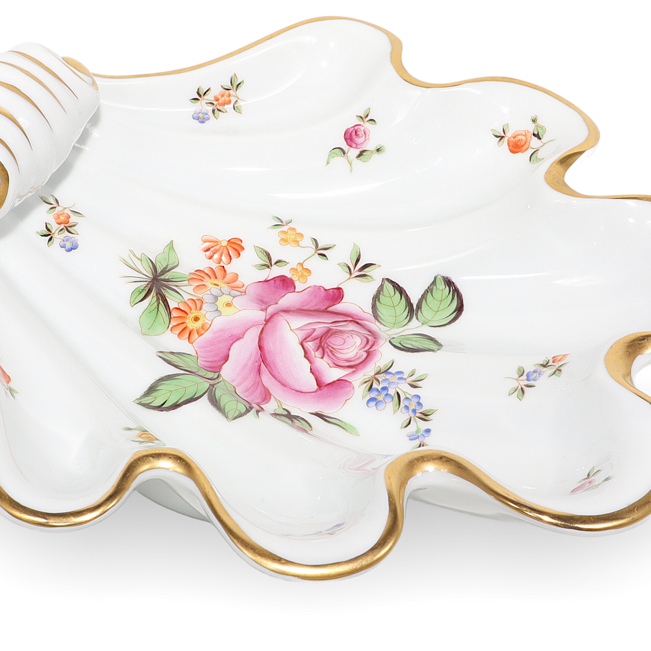 Herend shell porcelain dish close up, floral pattern with gold trim, vintage collectible decorative plate