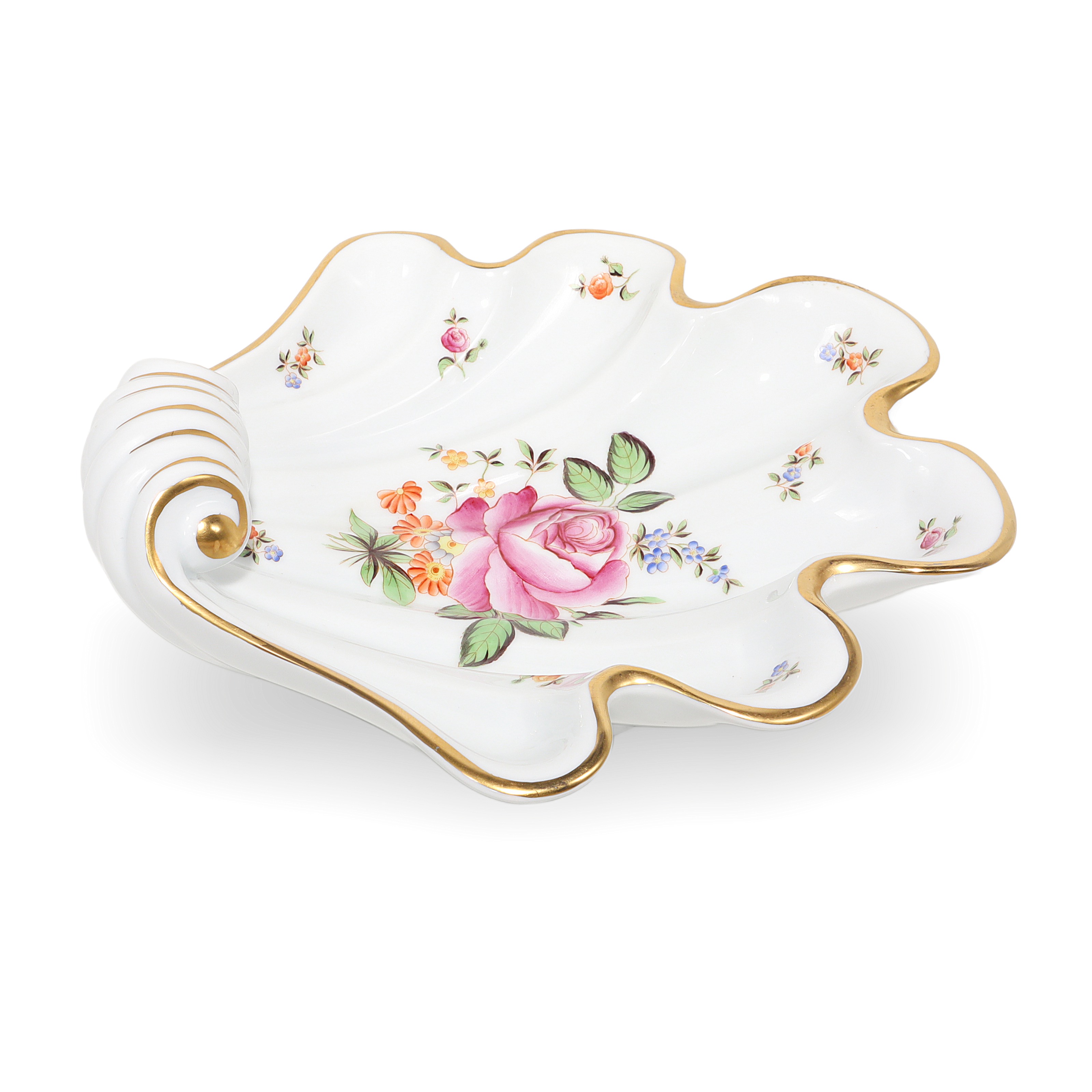 Herend shell porcelain dish floral gold trim vintage decorative plate detailed view
