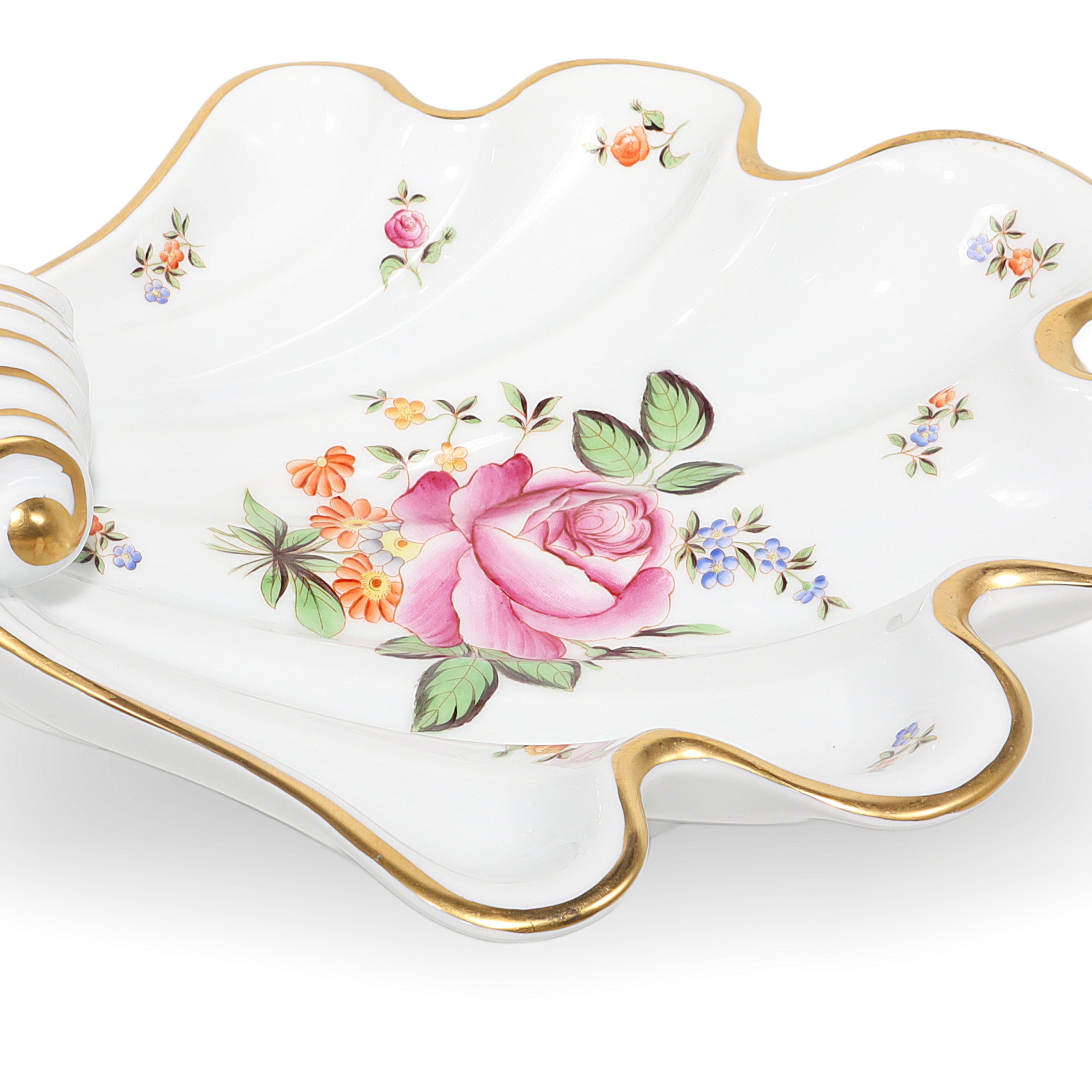 Herend porcelain shell dish close up with floral design and gold trim, vintage collectible decorative plate
