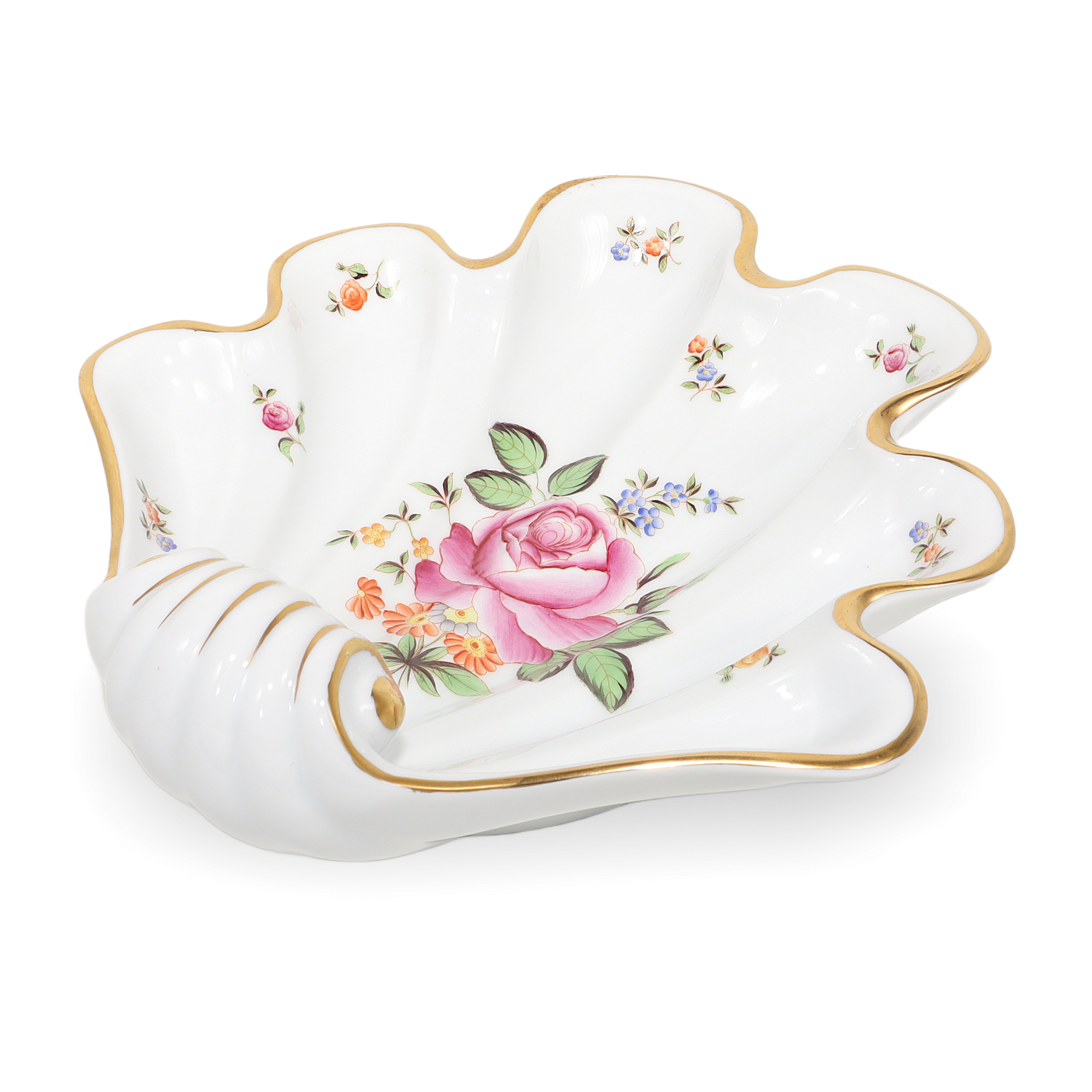 Herend shell porcelain dish with floral design and gold trim, vintage PBR pattern, close up