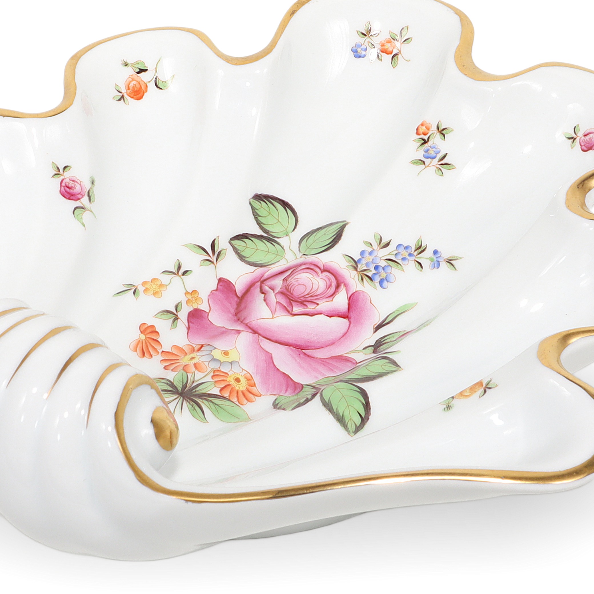 Herend shell porcelain dish close up, floral pattern with gold trim, vintage collectible detailed view