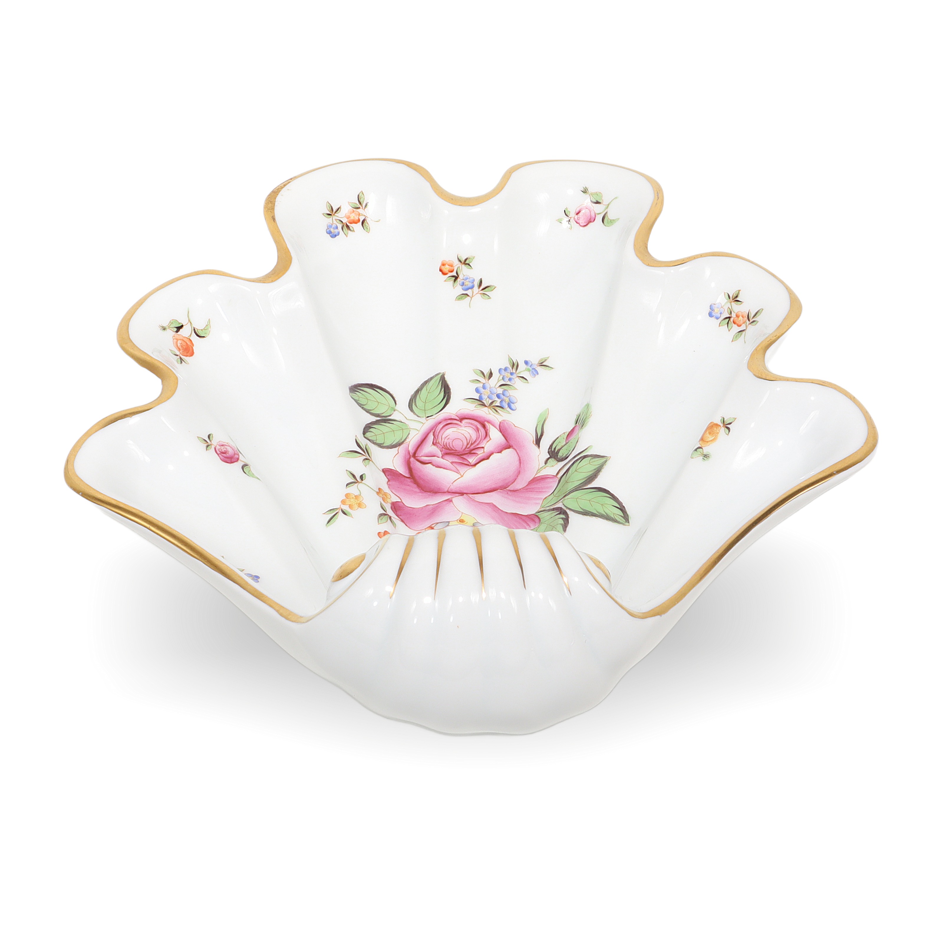 Herend shell porcelain dish with floral design and gold trim, PBR pattern, vintage collectible detailed view
