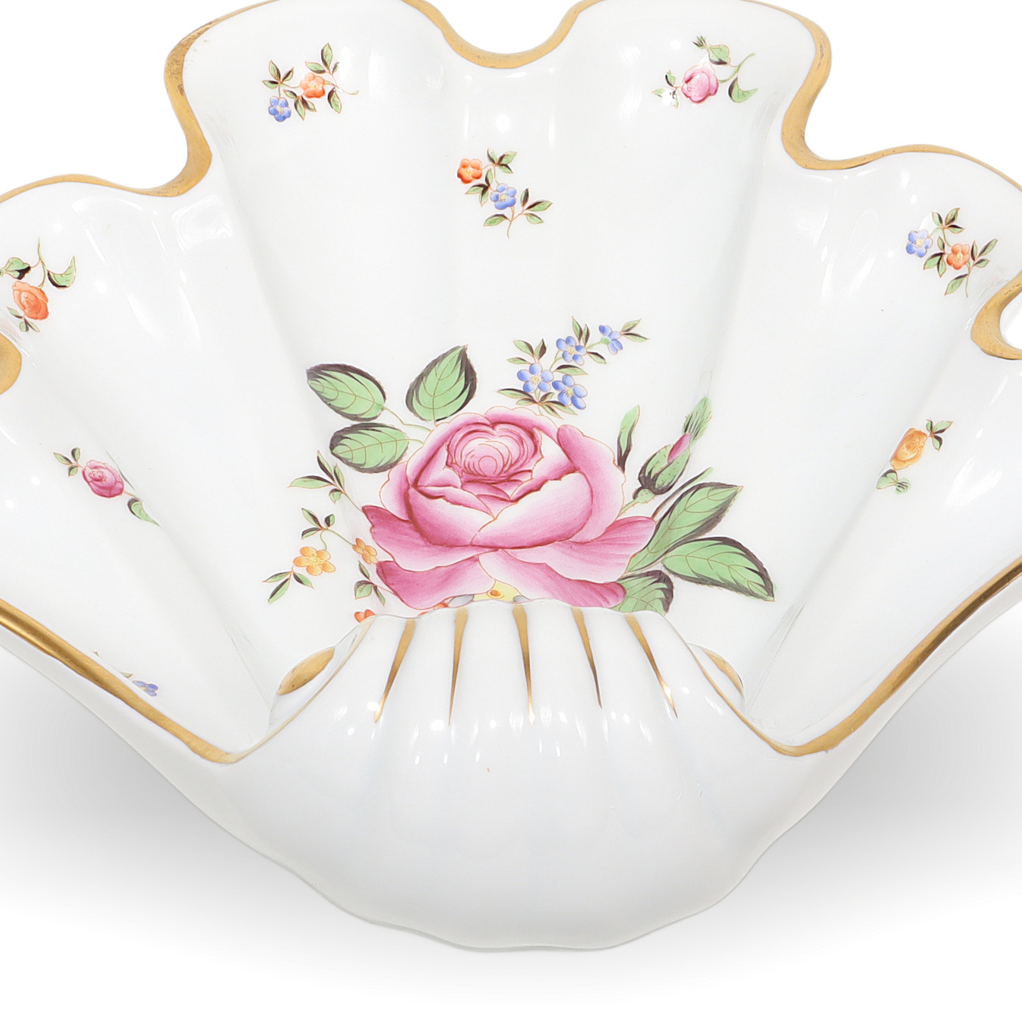Herend shell porcelain dish close up, floral pattern with gold trim, vintage collectible decorative plate