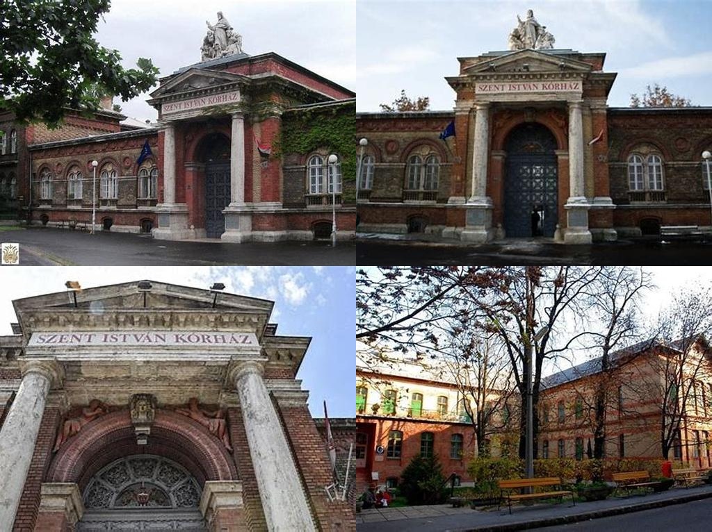 Szent István Kórház eklektikus, téglaburkolatos, pavilonos rendszerű (St. Stephen Hospital eclectic, brick-clad, pavilion-style)