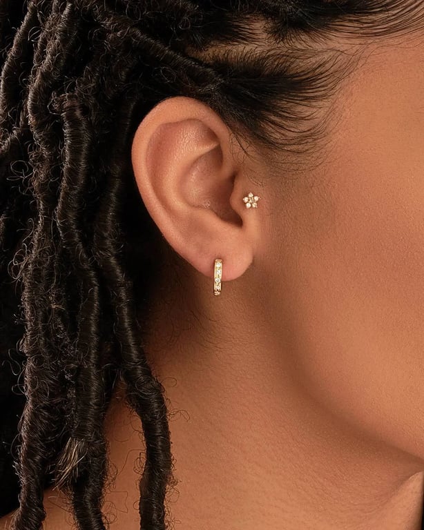 14K Solid Gold Textured Diamond Huggie Hoop Earrings product image