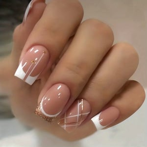 Stylish Short Square French Tip Press On Nails with Golden Design product image