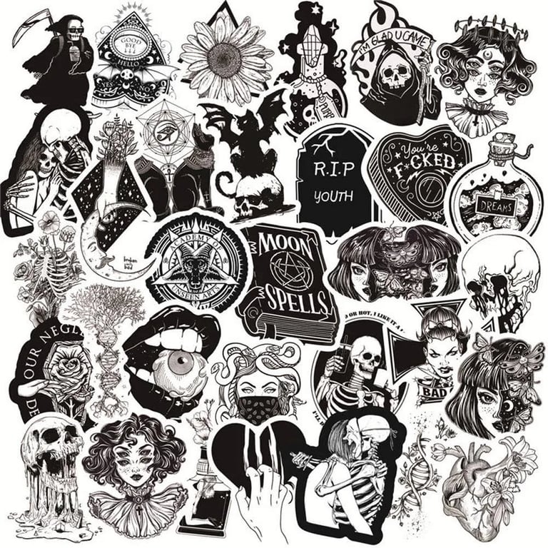 Goth Stickers Pack 100pcs, Waterproof Vinyl Decal Stickers For Skateboard  Water Bottle Hydro Flask Laptop Computer Phone Motorcycle, Black And White  S