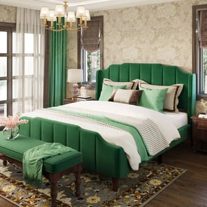 Curved Upholstered Queen Platform Bed with Tufted Headboard product image