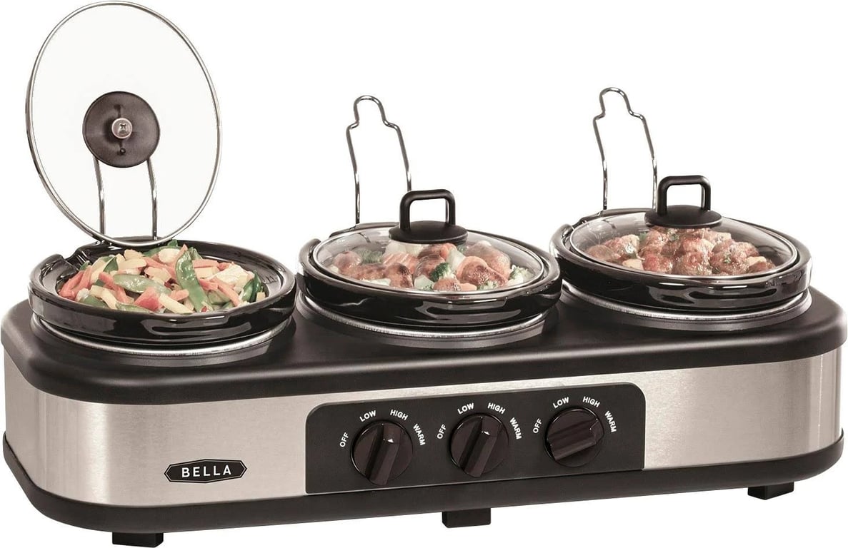 Triple Slow Cooker, 3 X 1.5QT Mini Individual Pots with Adjustable Temp,  Dishwasher Safe, Portable Buffet Server and Warmer, Safe Ceramic Pots &  Glass