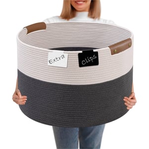 Extra Large Woven Blanket Storage Basket with Vegan Leather Handles product image