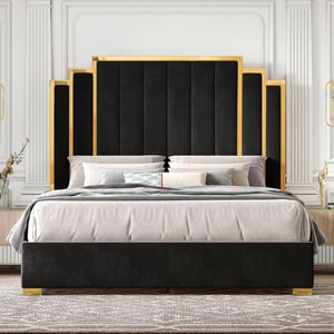 Art Deco-Inspired King Upholstered Platform Bed with Velvet and Gold Finish product image