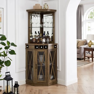 Reclaimed Barnwood Corner Bar Cabinet with Built-in Wine Rack and Glass Doors product image