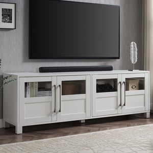 Transitional 75-Inch TV Stand with Glass Panel Doors and Ample Storage product image