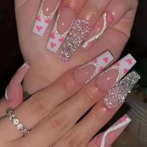 French Pink Heart Long Coffin Shape Press on Nails product image