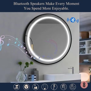 Customizable Round LED Mirror with Frame and Bluetooth Speakers product image