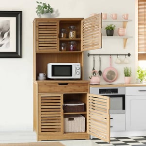 Sturdy Bamboo Kitchen Pantry Cabinet with Microwave Stand and Adjustable Shelves product image