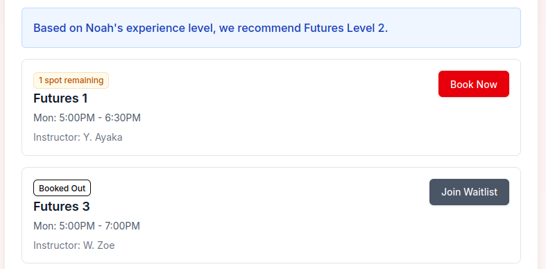 A screenshot of a gymnastics class finder class selection screen, showing class names, times, spaces available and a quick book now/waitlist button.