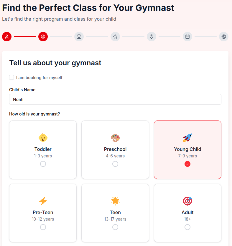 A screenshot of our class finder's gymnast information screen, letting you enter their name and age.